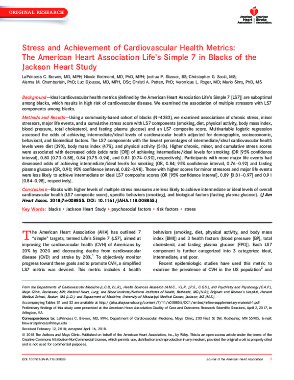 (PDF) Stress and Achievement of Cardiovascular Health Metrics: The ...