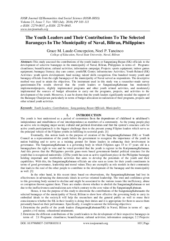 (PDF) The Youth Leaders and Their Contributions To The Selected ...