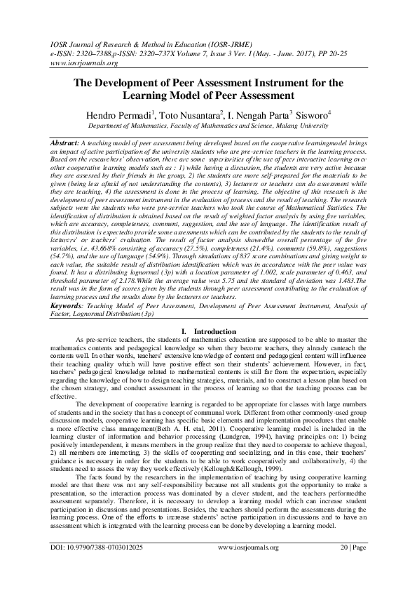 (PDF) The Development of Peer Assessment Instrument for the Learning ...