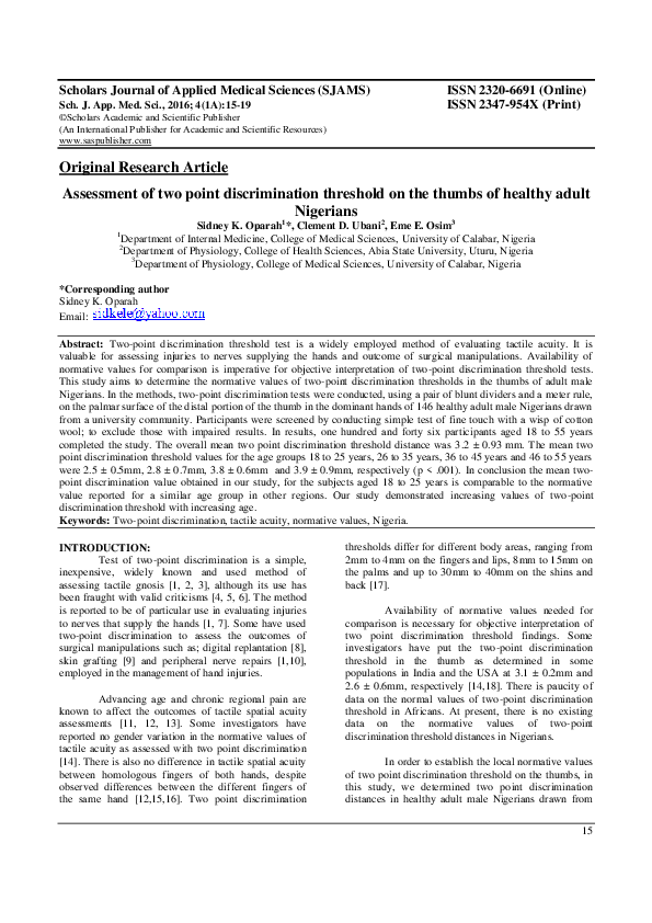 (PDF) Assessment of two point discrimination threshold on the thumbs of ...