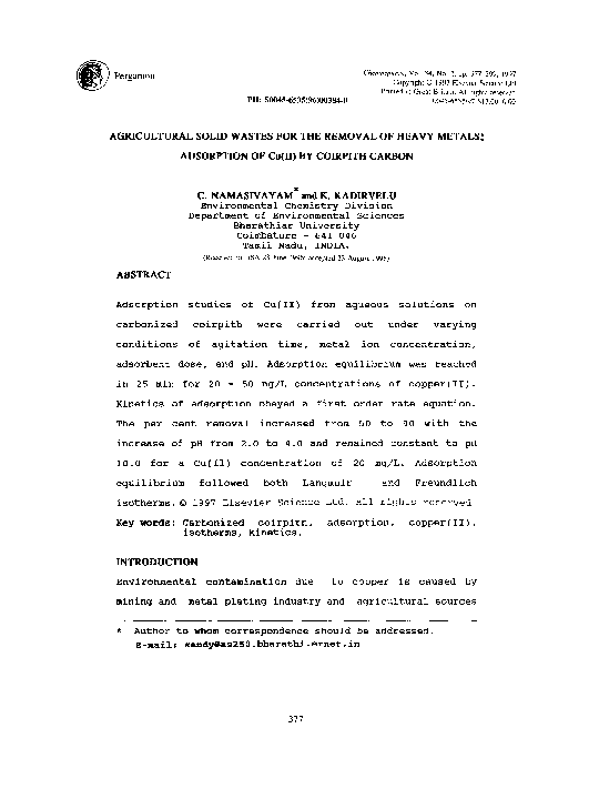 (PDF) Agricultural solid wastes for the removal of heavy metals ...