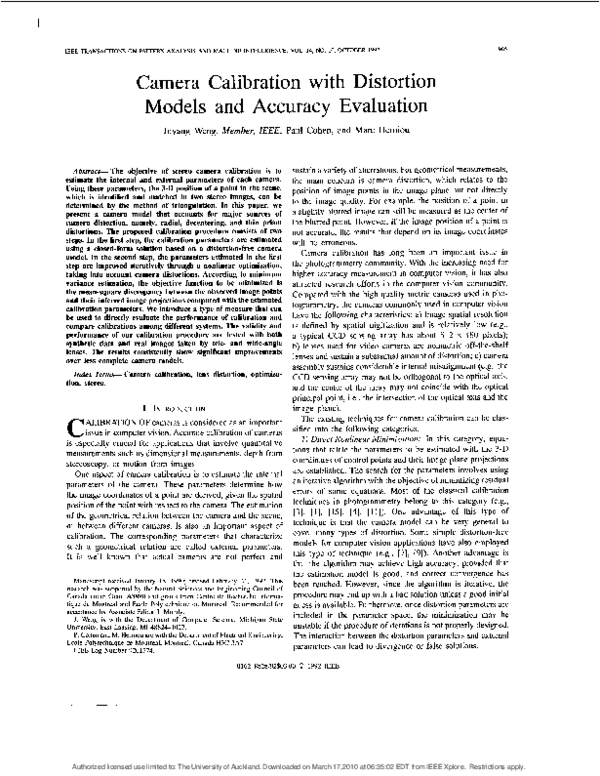 (PDF) Camera calibration with distortion models and accuracy evaluation