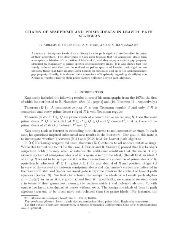 (PDF) Chains of Semiprime and Prime Ideals in Leavitt Path Algebras