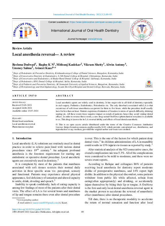 (PDF) Local anesthesia reversal— A review ummey salma Academia.edu