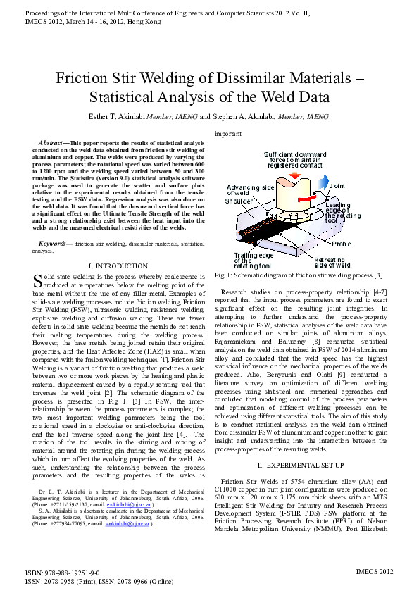 (PDF) Friction Stir Welding of Dissimilar Materials – Statistical ...