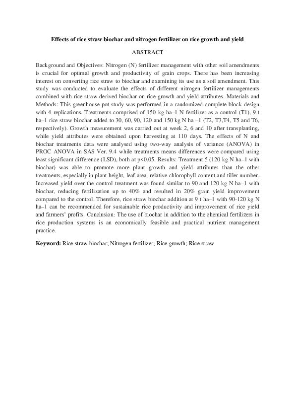(PDF) Effects of Rice Straw Biochar and Nitrogen Fertilizer on Rice ...
