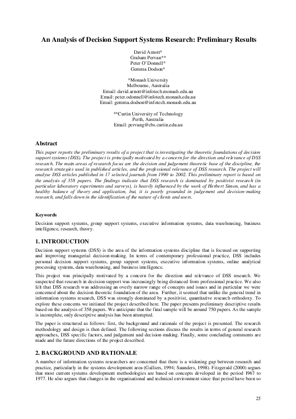 (PDF) An Analysis of Decision Support Systems Research: Preliminary Results