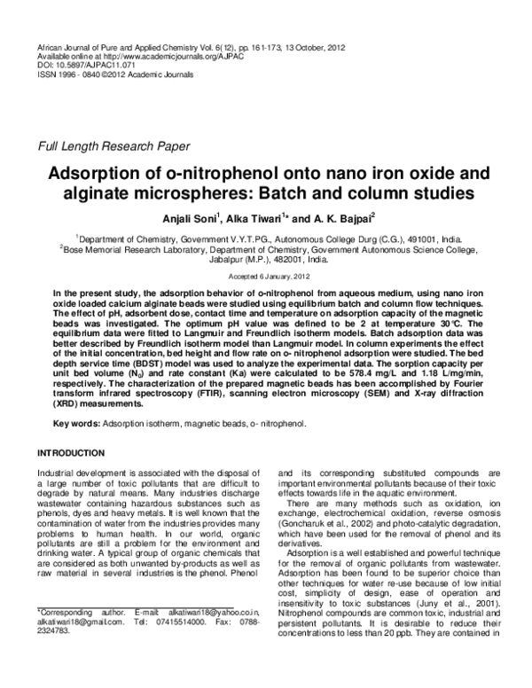 (PDF) Adsorption of o-nitrophenol onto nano iron oxide and alginate ...