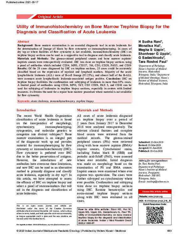 (PDF) Utility of immunohistochemistry on bone marrow trephine biopsy ...