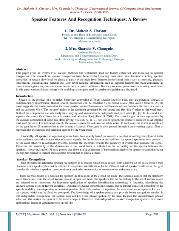 (PDF) Speaker Features And Recognition Techniques : A Review 1