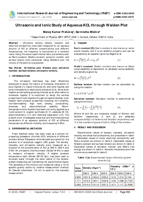 (PDF) Ultrasonic and Ionic Study of Aqueous KCL through Walden Plot