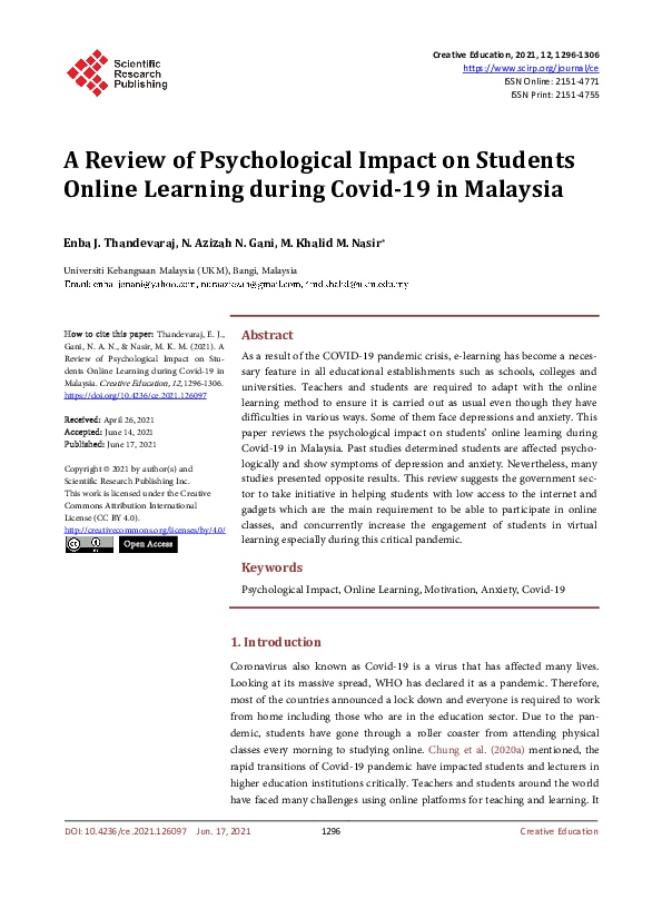 (PDF) A Review of Psychological Impact on Students Online Learning ...