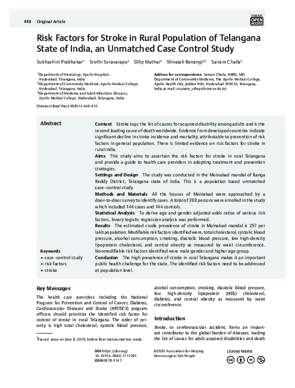 (PDF) Risk Factors for Stroke in Rural Population of Telangana State of ...
