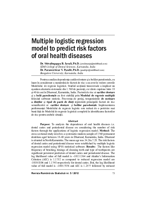 (PDF) Multiple Logistic Regression Model to Predict Risk Factors of ...