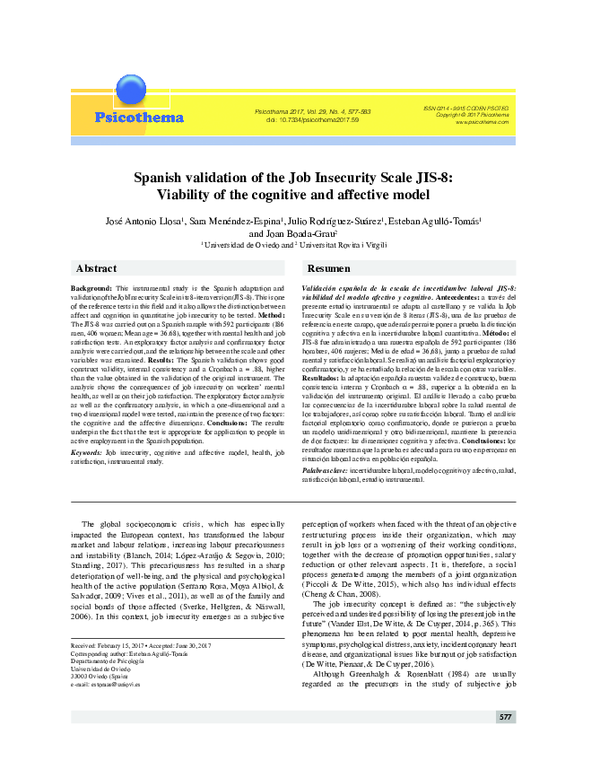 (PDF) Spanish validation of the Job Insecurity Scale JIS‐8: Viability ...