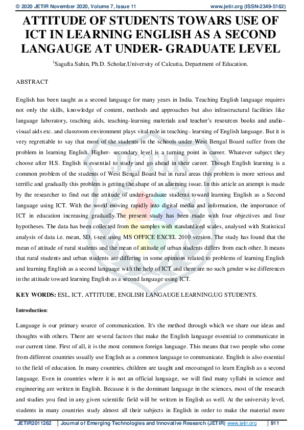 (PDF) Attitude of Students Towards Use of ICT in Learning English as a ...