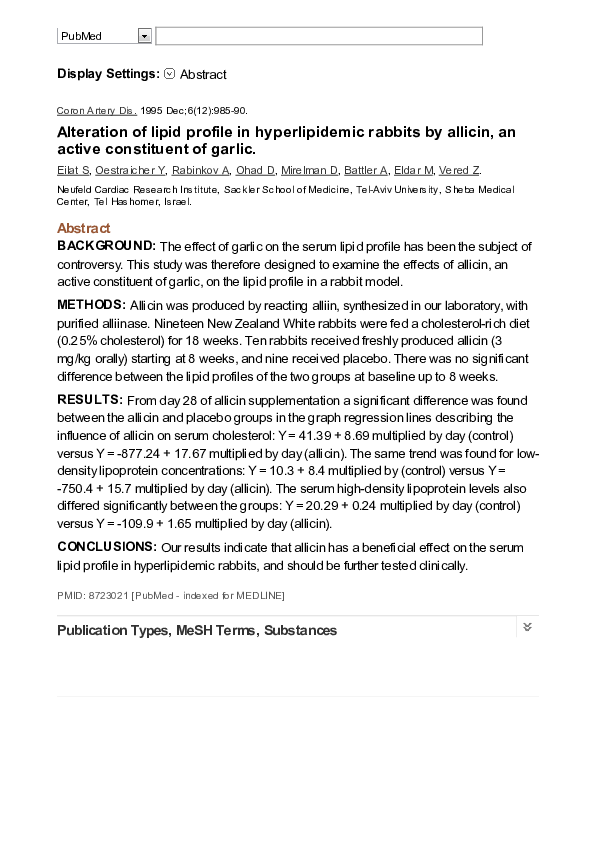 (PDF) Alteration of lipid profile in hyperlipidemic rabbits by allicin ...