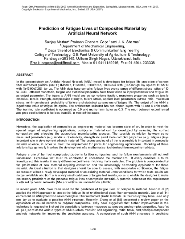 (PDF) Prediction of Fatigue Lives of Composites Material by Artificial ...