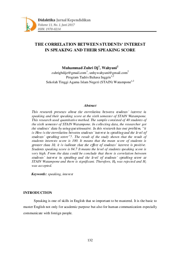 (PDF) The Correlation Between Students’ Interest in Speaking and Their ...
