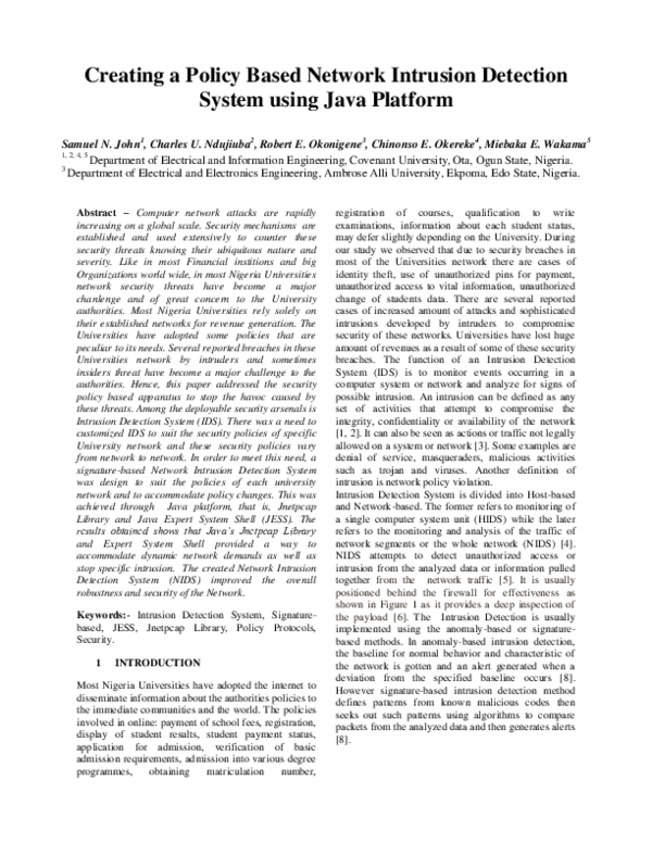 (PDF) Creating a Policy Based Network Intrusion DetectionSystem using ...