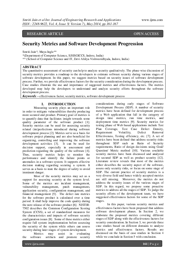 (PDF) Security Metrics and Software Development Progression