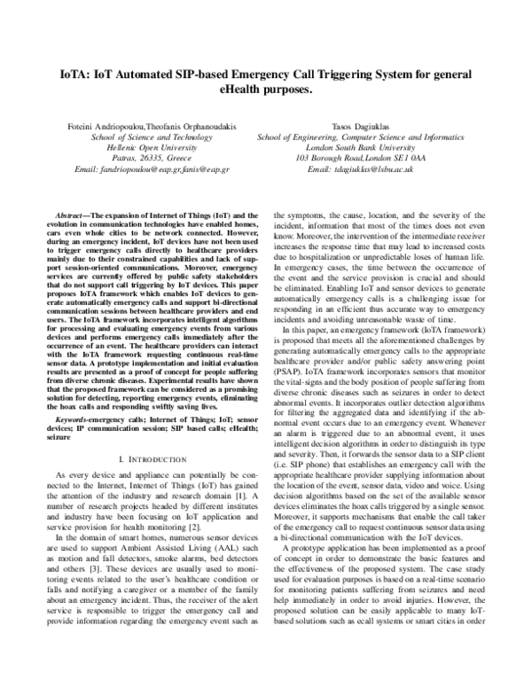 IoTA: IoT automated SIP-based emergency call triggering system for general eHealth purposes