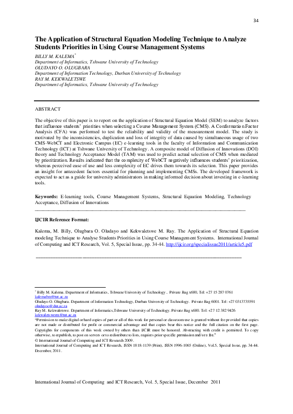 (PDF) The Application of Structural Equation Modeling Technique to ...