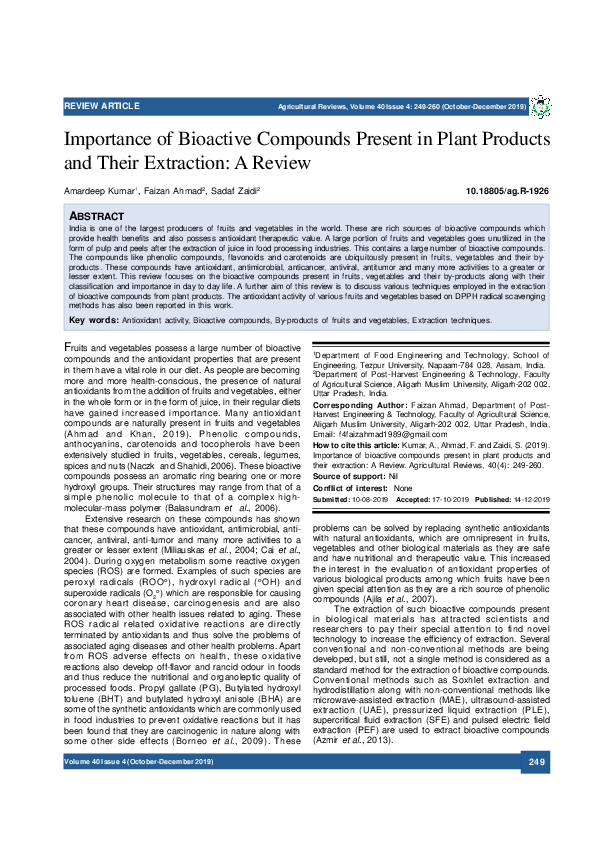 (PDF) Importance of Bioactive Compounds Present in Plant Products and ...