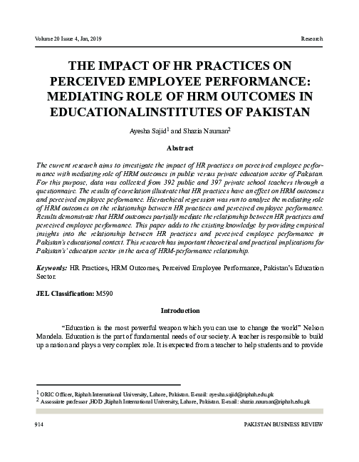 (PDF) The Impact of HR Practices on Perceived Employee Performance ...