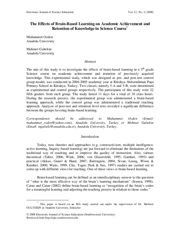 (PDF) The Effects of Brain-Based Learning on Academic Achievement ...