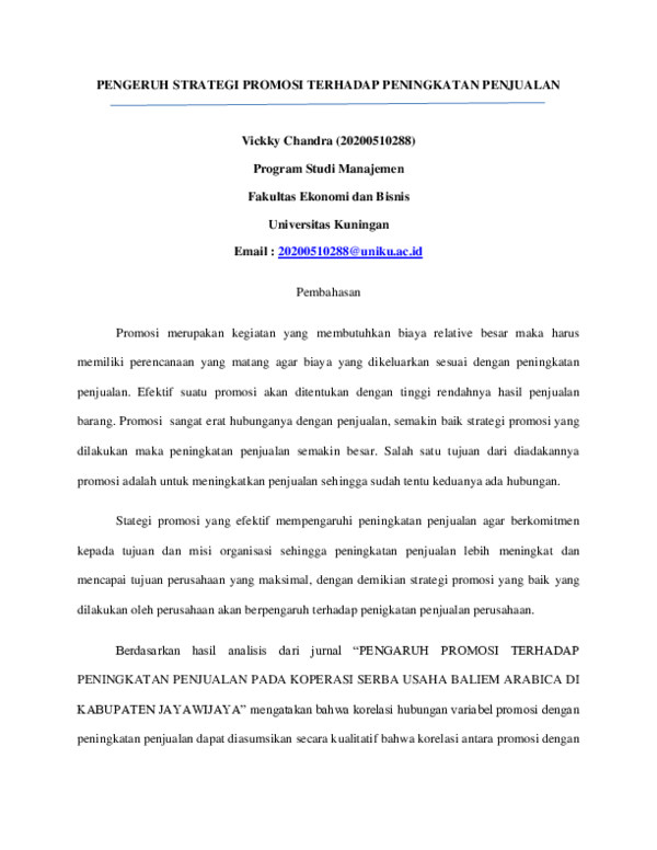 PENGERUH STRATEGI PROMOSI TERHADAP PENINGKATAN PENJUALAN Vickky Chandra (20200510288