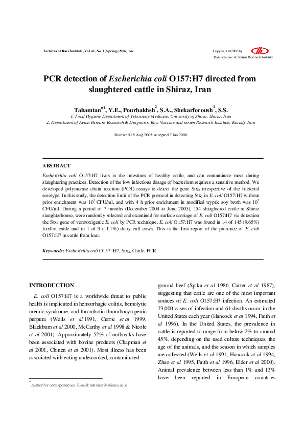 (PDF) PCR detection of Escherichia coli O157: H7 directed from ...
