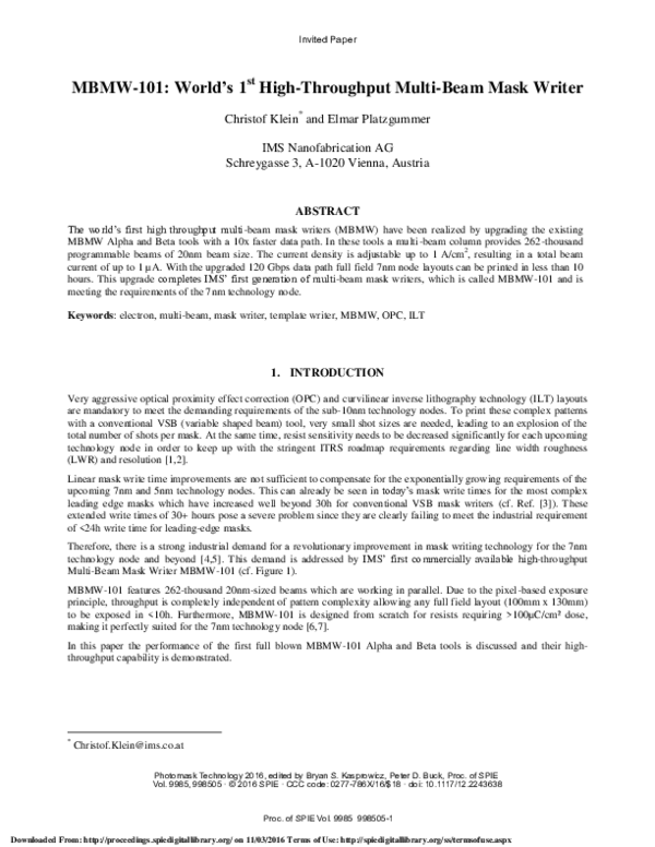 (PDF) MBMW101 World's 1st highthroughput multibeam mask writer