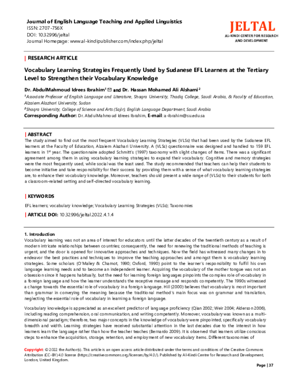 (PDF) Vocabulary Learning Strategies Frequently Used by Sudanese EFL ...
