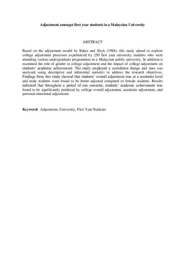 (PDF) Adjustment among first year students in a Malaysian university