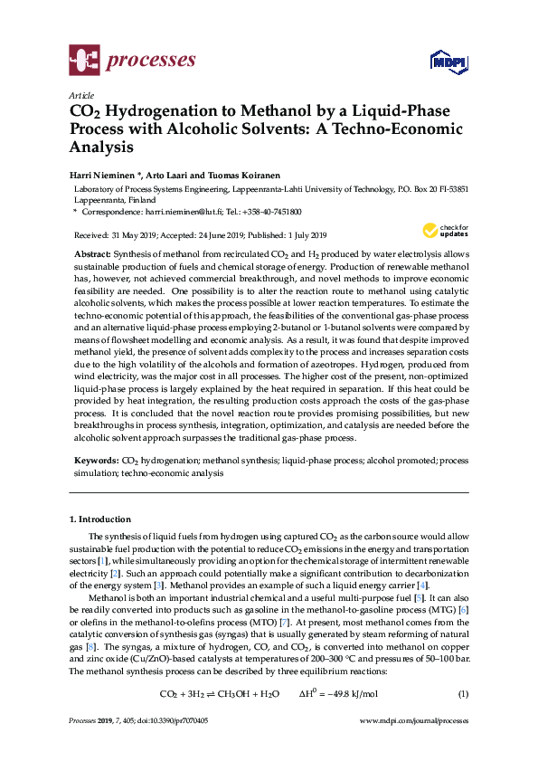 (PDF) CO2 Hydrogenation to Methanol by a Liquid-Phase Process with ...