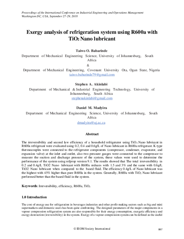 (PDF) Exergy analysis of refrigeration system using R600a with TiO2 ...