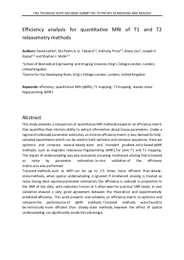 (PDF) Efficiency analysis for quantitative MRI of T1 and T2 relaxometry ...