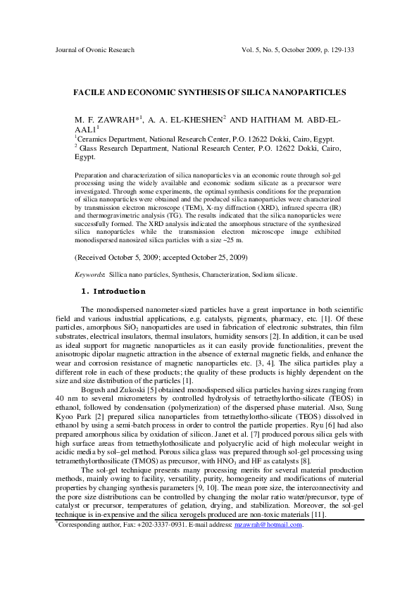 (PDF) Facile and Economic Synthesis of Silica Nanoparticles