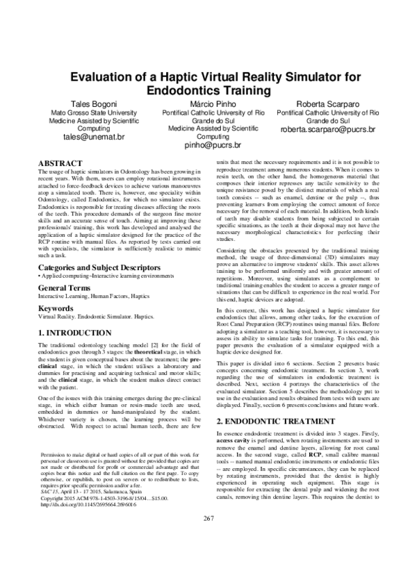(PDF) Evaluation of a haptic virtual reality simulator for endodontics ...
