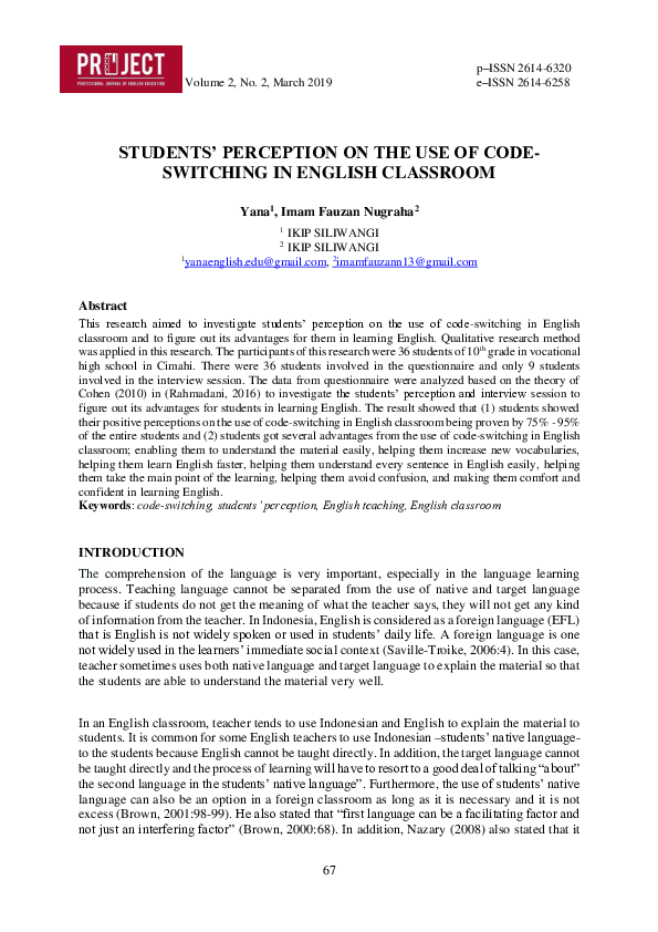 (PDF) Students’ perception on the use of code-switching in english as a ...