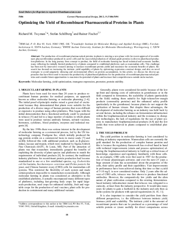 (PDF) Optimizing the Yield of Recombinant Pharmaceutical Proteins in Plants