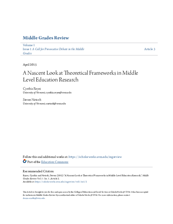 (PDF) A Nascent Look at Theoretical Frameworks in Middle Level ...