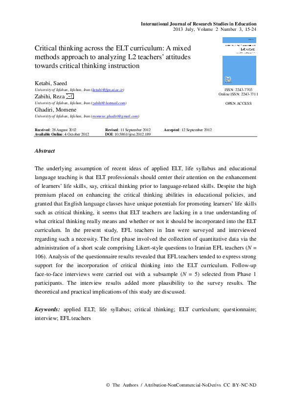 (PDF) Critical thinking across the ELT curriculum: A mixed methods ...