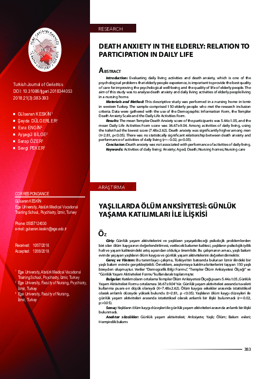 (PDF) Death Anxiety in the Elderly: Relation to Participation in Daily Life