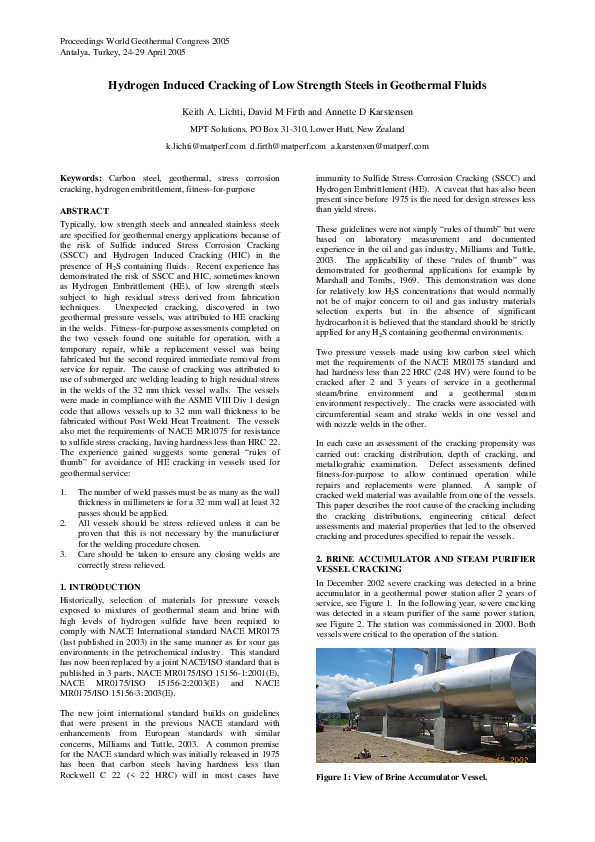 (PDF) Hydrogen Induced Cracking of Low Strength Steels in Geothermal Fluids