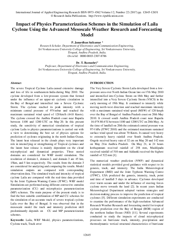 (PDF) Impact of Physics Parameterization Schemes in the Simulation of ...