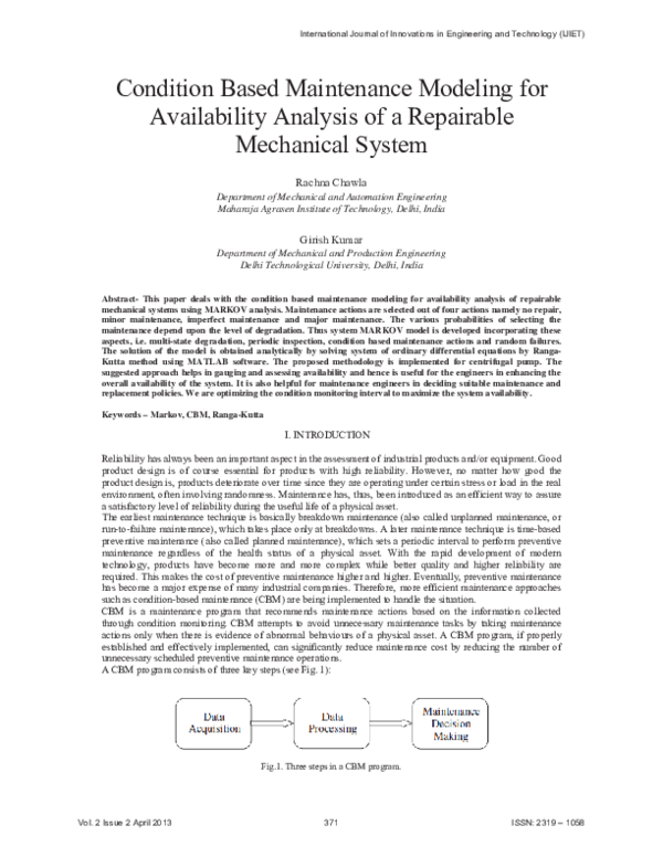 (PDF) Condition Based Maintenance Modeling for Availability Analysis of ...
