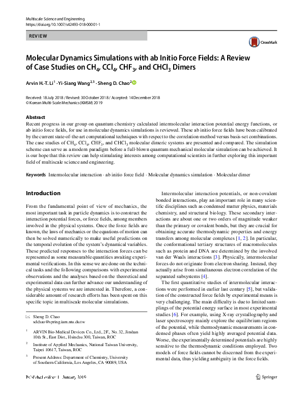 (PDF) Molecular Dynamics Simulations with ab Initio Force Fields: A ...