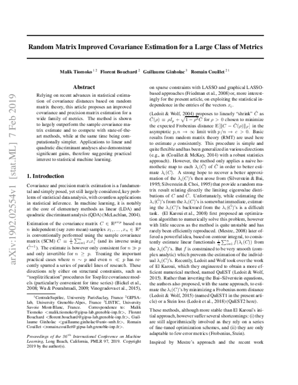 (PDF) Random Matrix Improved Covariance Estimation for a Large Class of ...